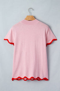KaleaBoutique Comfortable Stand Neck Contrast Wavy Trim Short Sleeve Sweater - KaleaBoutique.com