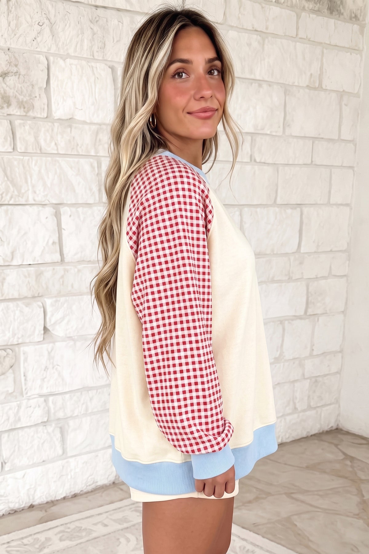 KaleaBoutique Comfortable Plaid Sleeve Colorblock Raglan Pullover Sweatshirt - KaleaBoutique.com