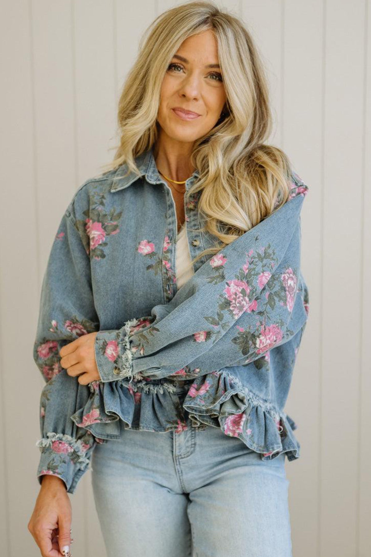 Floral Print Raw Seam Ruffle Hem Denim Jacket - KaleaBoutique.com