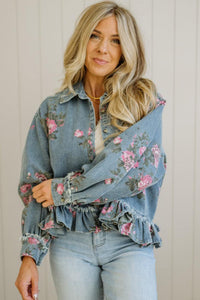 Floral Print Raw Seam Ruffle Hem Denim Jacket - KaleaBoutique.com