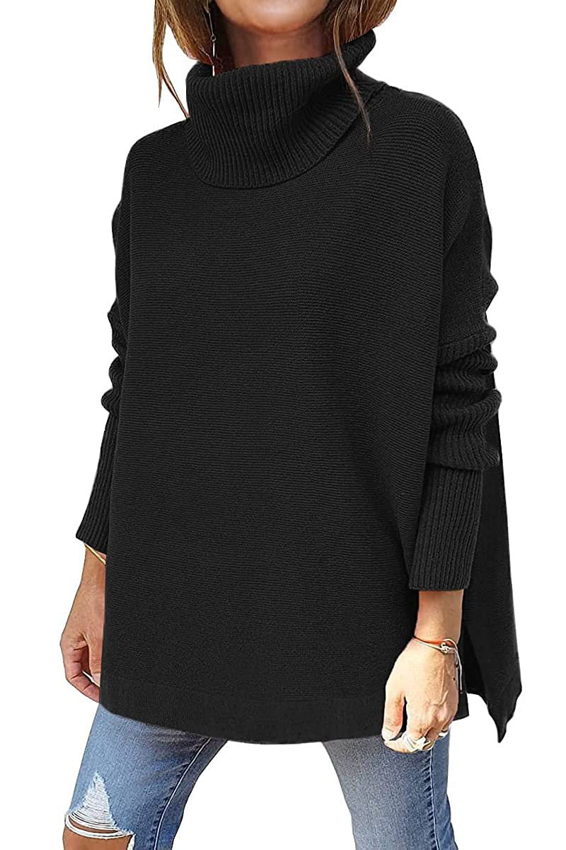 Turtleneck Sweater Mid Length Batwing Sleeve Slit Hem Tunic Pullover Sweaters Winter Tops Women Clothing - KaleaBoutique.com