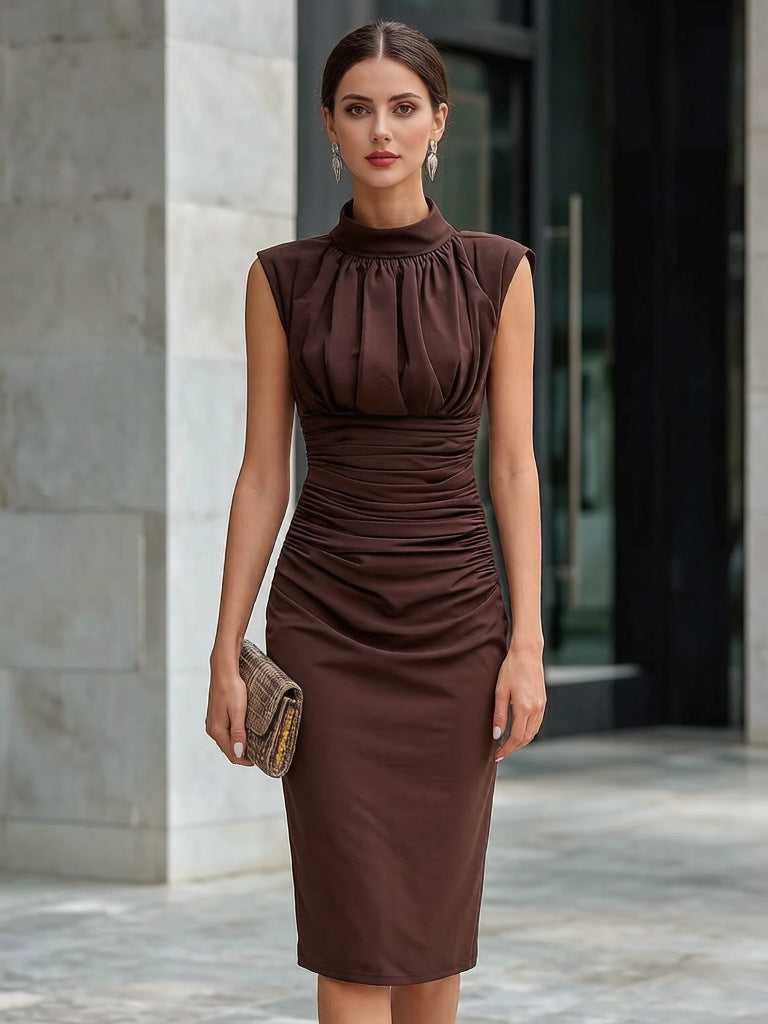 Women's High-Neck Sleeveless Ruched Sheath Dress - KaleaBoutique.com