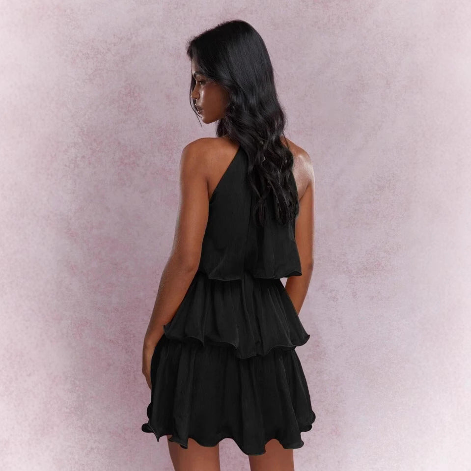 Elegant Halter Neck Sleeveless Strapless Sheer Layered Dress - Ruffled Hem Elegant Women's Summer Party Dress Beach Vacation Outfits - KaleaBoutique.com