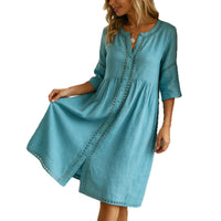 Loose-fitting Linen-cotton Dress With A Buttoned Collar And Lace-trimmed Seams - KaleaBoutique.com