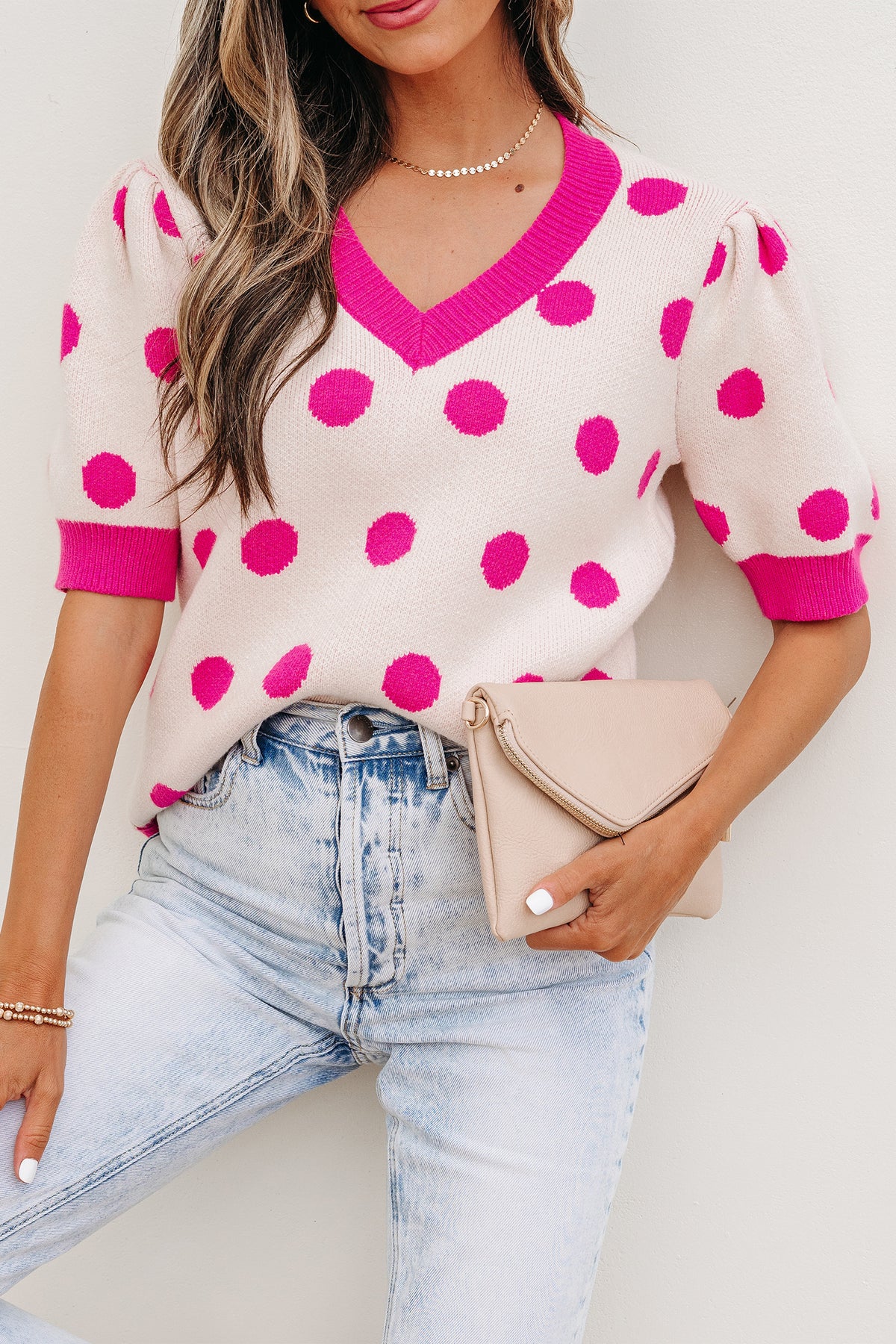 KaleaBoutique Stylish Polka Dot Puff Short Sleeve Sweater Top - KaleaBoutique.com