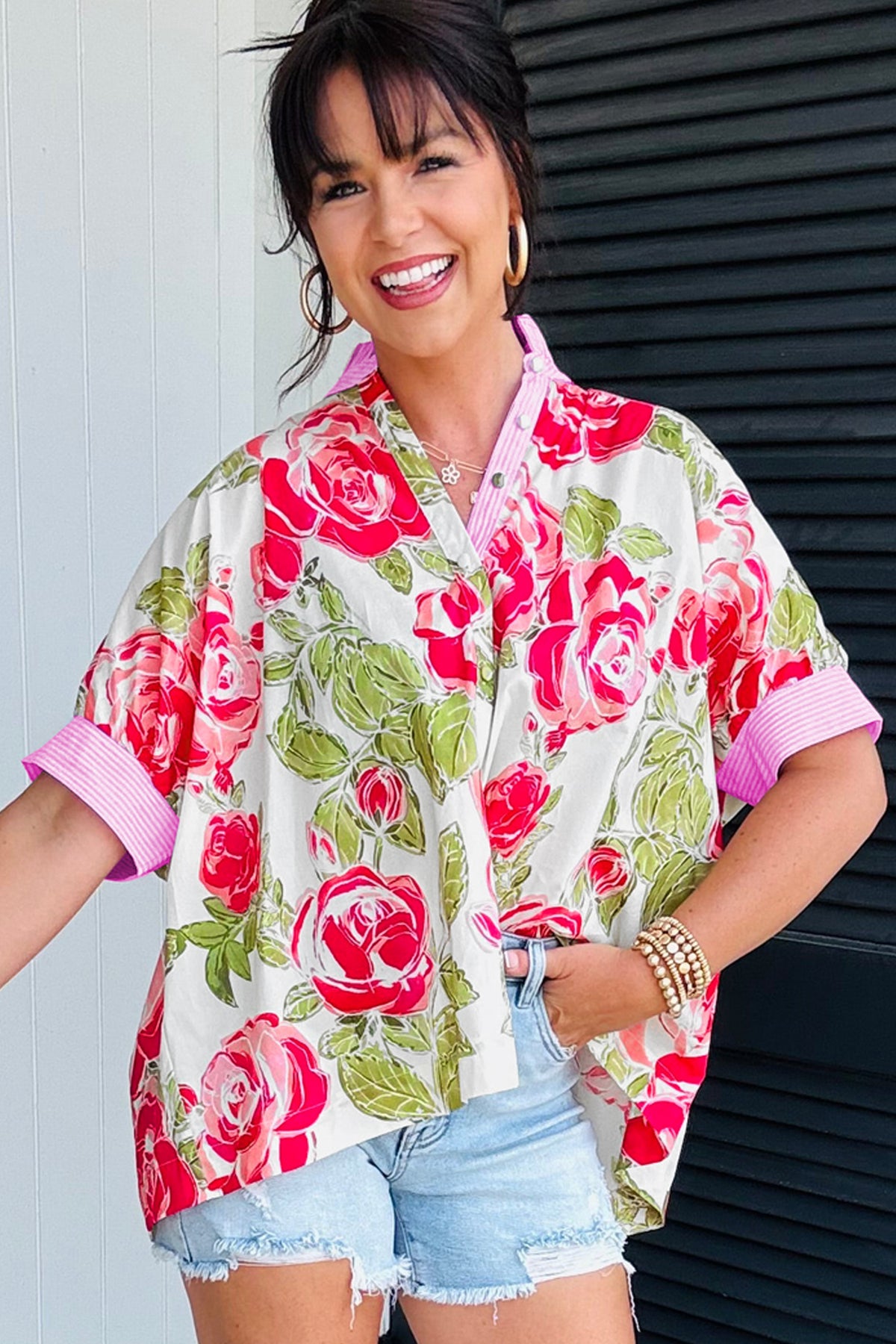 KaleaBoutique Stylish Flower Print Striped Trim Frilled Collar Short Sleeve Shirt - KaleaBoutique.com