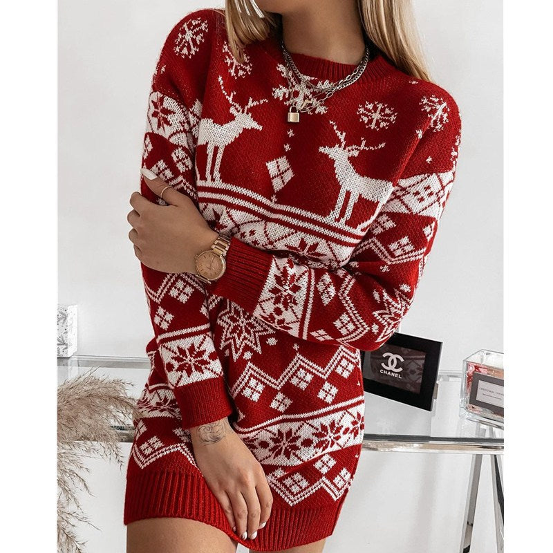 Women's Reindeer and Snowflake Christmas Sweater Dress - KaleaBoutique.com