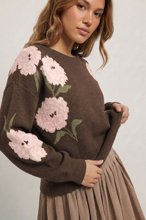KaleaBoutique Floral Print Drop Shoulder Relaxed Pullover Sweater - KaleaBoutique.com