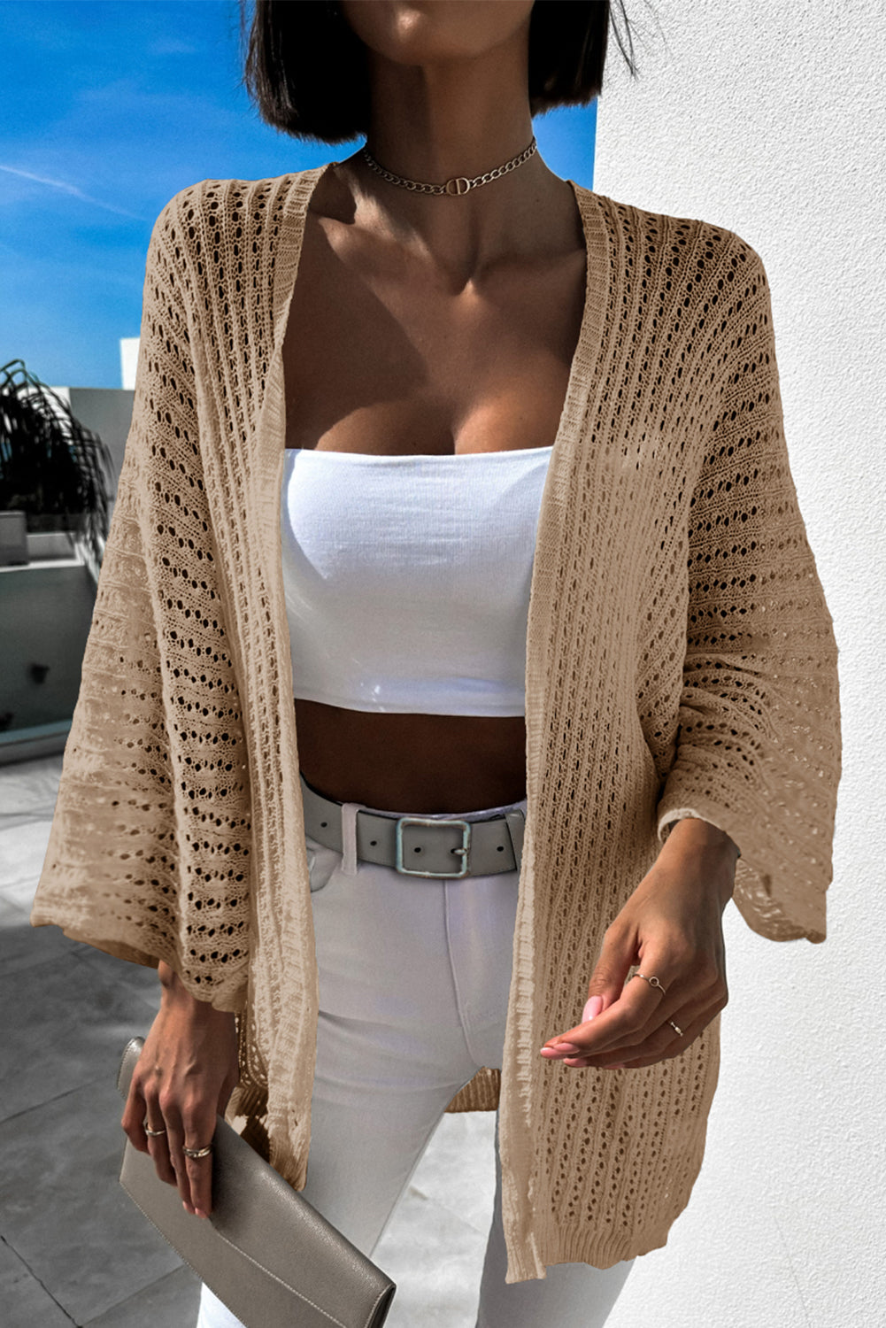 KaleaBoutique Comfortable Solid Color Crochet Knit Open Front Tunic Sweater Cardigan - KaleaBoutique.com