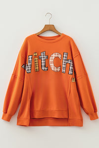 KaleaBoutique Comfortable Halloween Witchy Plaid Slogan Embroidered Patch Tunic Sweatshirt - KaleaBoutique.com