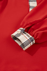 Contrast Plaid Patchwork V Neck Long Sleeve Blouse - KaleaBoutique.com