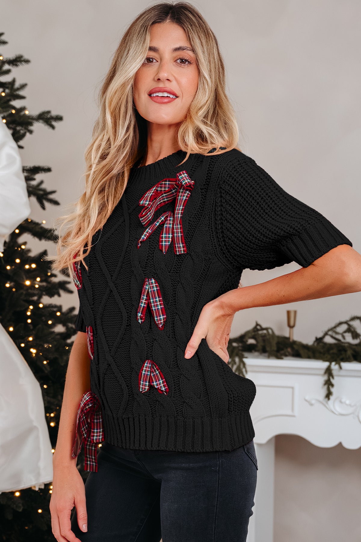 KaleaBoutique Comfortable Plaid Lace up Detail Christmas Holiday Puff Short Sleeve Sweater - KaleaBoutique.com