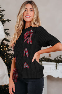 KaleaBoutique Comfortable Plaid Lace up Detail Christmas Holiday Puff Short Sleeve Sweater - KaleaBoutique.com