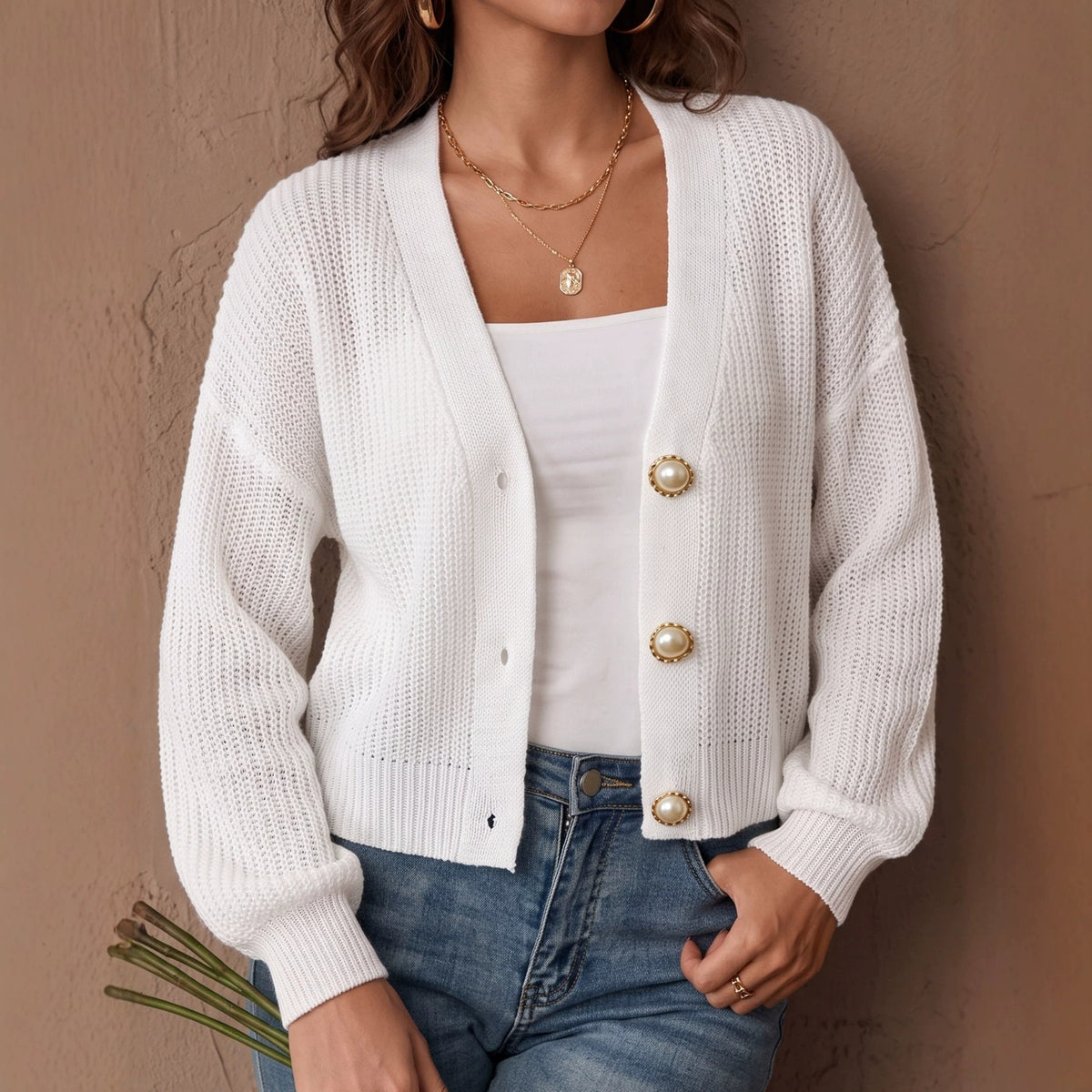 Women's V-Neck Pearl-Style Button Cardigan - KaleaBoutique.com
