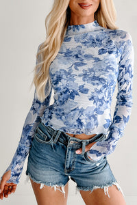 KaleaBoutique Stylish Floral Print Long Sleeve Stand Neck Mesh Top - KaleaBoutique.com
