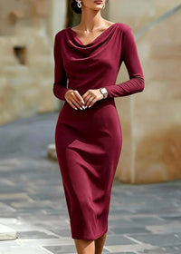 Boat Neck Long Sleeves Figure-hugging Hip-skimming Midi Dress For Women - KaleaBoutique.com