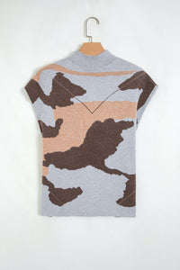 KaleaBoutique Stylish Camouflage Pattern Drop Shoulder High Neck Short Sleeve Shift Sweater - KaleaBoutique.com