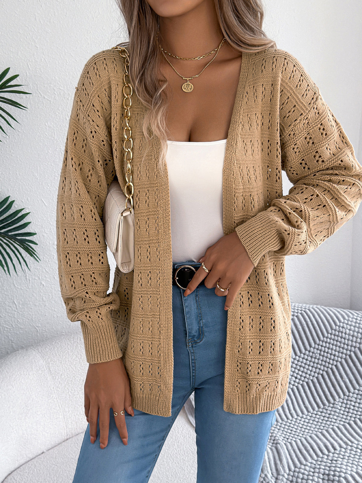 Women's Openwork Open-Front Longline Balloon-Sleeve Cardigan - KaleaBoutique.com