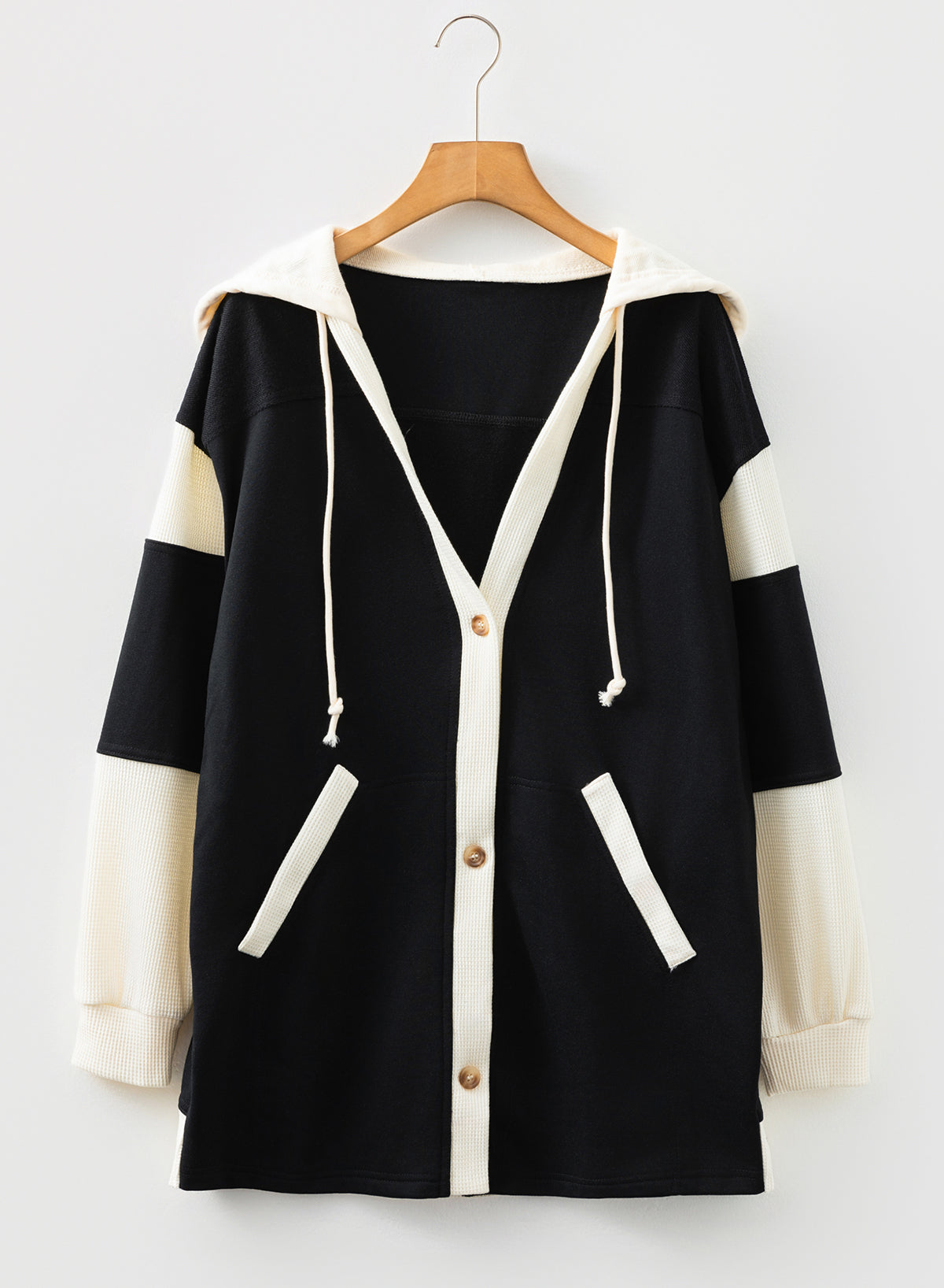 Waffle Contrast Knit Color Block Patchwork Button Front Oversize Hoodie - KaleaBoutique.com