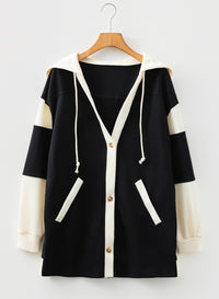 Waffle Contrast Knit Color Block Patchwork Button Front Oversize Hoodie - KaleaBoutique.com