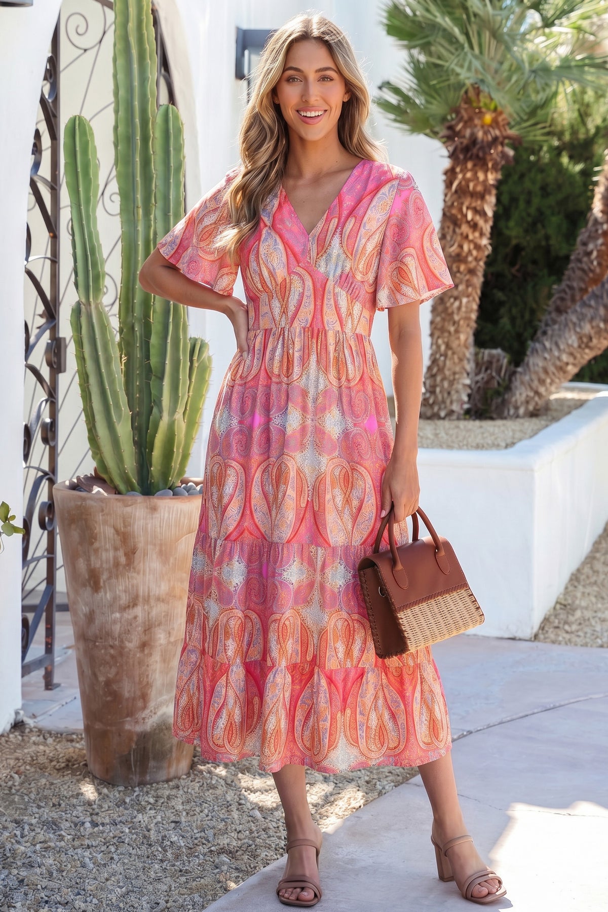 KaleaBoutique Comfortable Paisley Print V-Neck Short Sleeve Boho Maxi Dress with Ruffle Details - KaleaBoutique.com