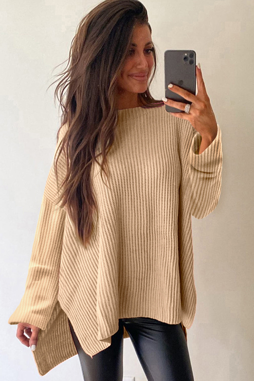 Cable Knit Drop Shoulder Side Slits Loose Sweater - KaleaBoutique.com