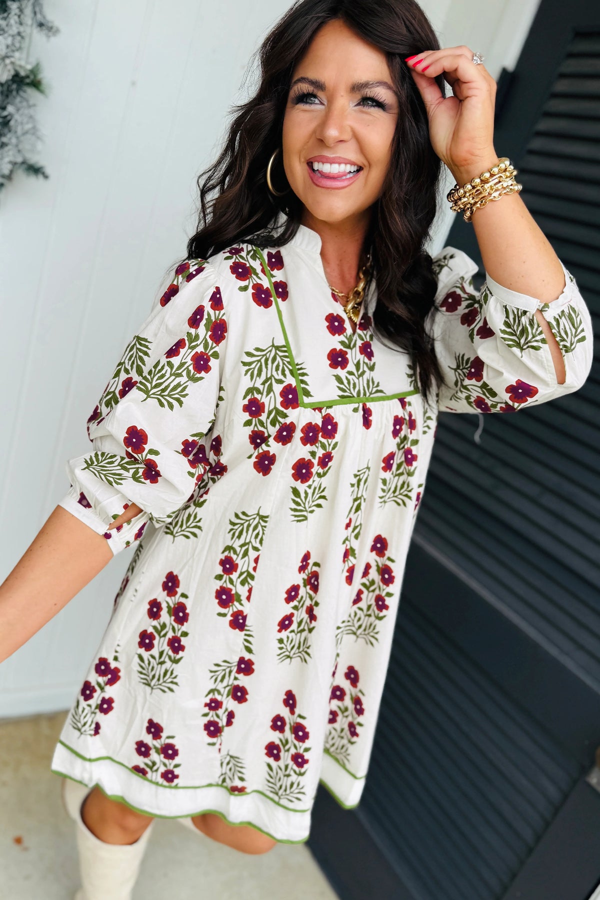 KaleaBoutique Stylish Frilled V Neck 3/4 Sleeve Loose Floral Dress - KaleaBoutique.com