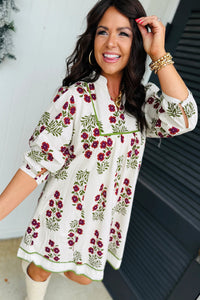 KaleaBoutique Stylish Frilled V Neck 3/4 Sleeve Loose Floral Dress - KaleaBoutique.com