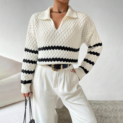 Women's Striped Openwork Polo-Collar Pullover Sweater - KaleaBoutique.com