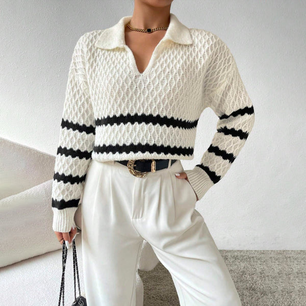 Women's Striped Openwork Polo-Collar Pullover Sweater - KaleaBoutique.com