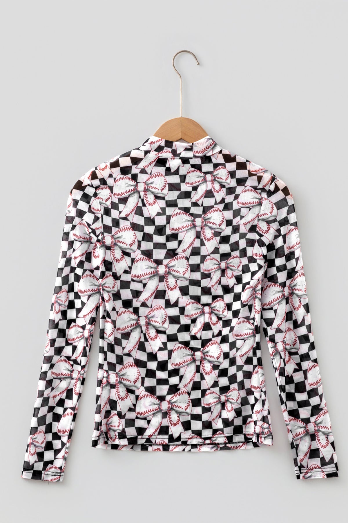 KaleaBoutique Stylish Checkered Baseball Bow Print High Neck Long Sleeve Mesh Top - KaleaBoutique.com