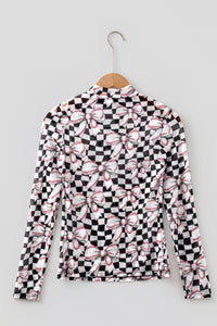 KaleaBoutique Stylish Checkered Baseball Bow Print High Neck Long Sleeve Mesh Top - KaleaBoutique.com