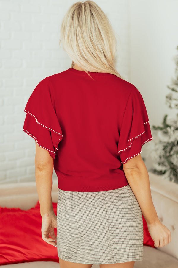 KaleaBoutique Stylish Pearl Embellished Double Ruffle Short Sleeve Sweater - KaleaBoutique.com