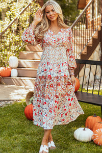 KaleaBoutique Stylish Floral Print Ruffled Tiered Long Sleeve V Neck Midi Dress - KaleaBoutique.com