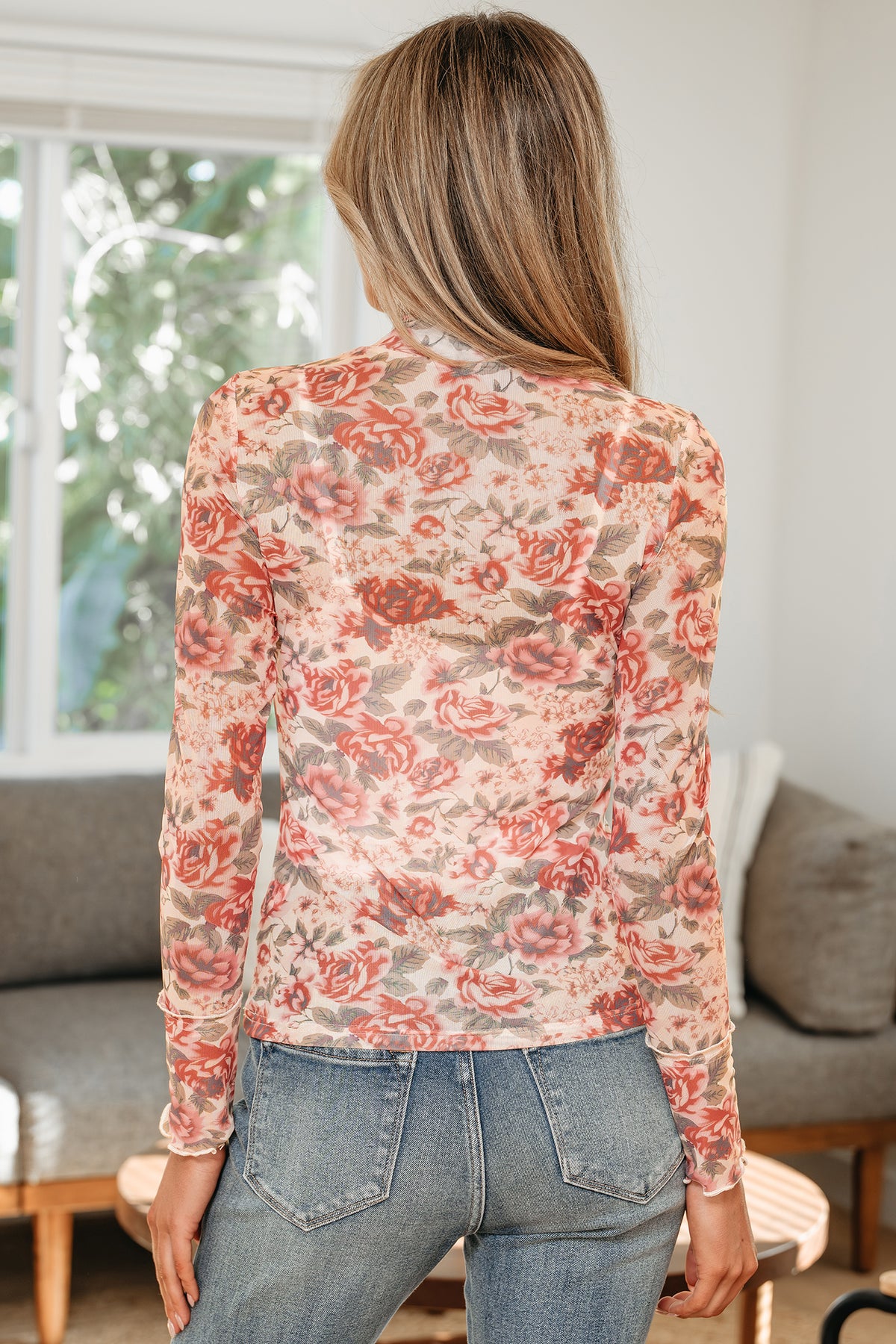 KaleaBoutique White Retro Floral Print Mock Neck Mesh Long Sleeve Top