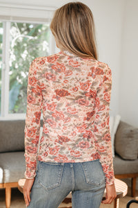 KaleaBoutique White Retro Floral Print Mock Neck Mesh Long Sleeve Top