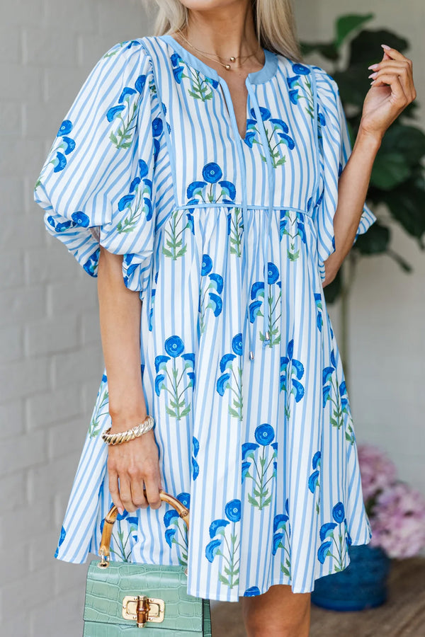 KaleaBoutique Comfortable Floral Striped Print Tie Notched Neck Puff Sleeve Flared Mini Dress - KaleaBoutique.com