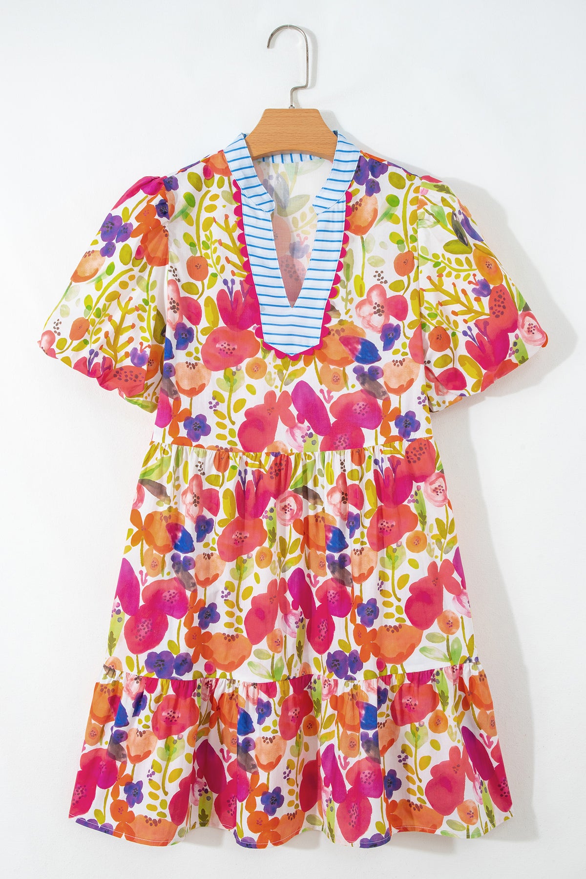 KaleaBoutique Stylish Bright Floral Print Ricrac Trim Striped Patchwork V Neck Dress - KaleaBoutique.com
