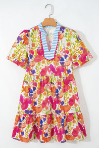 KaleaBoutique Stylish Bright Floral Print Ricrac Trim Striped Patchwork V Neck Dress - KaleaBoutique.com
