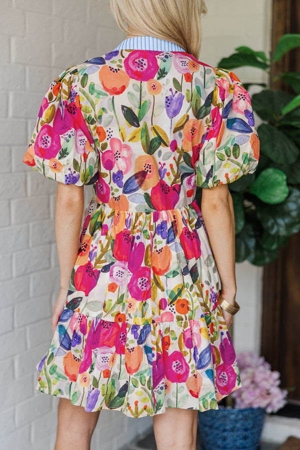 KaleaBoutique Stylish Bright Floral Print Ricrac Trim Striped Patchwork V Neck Dress - KaleaBoutique.com