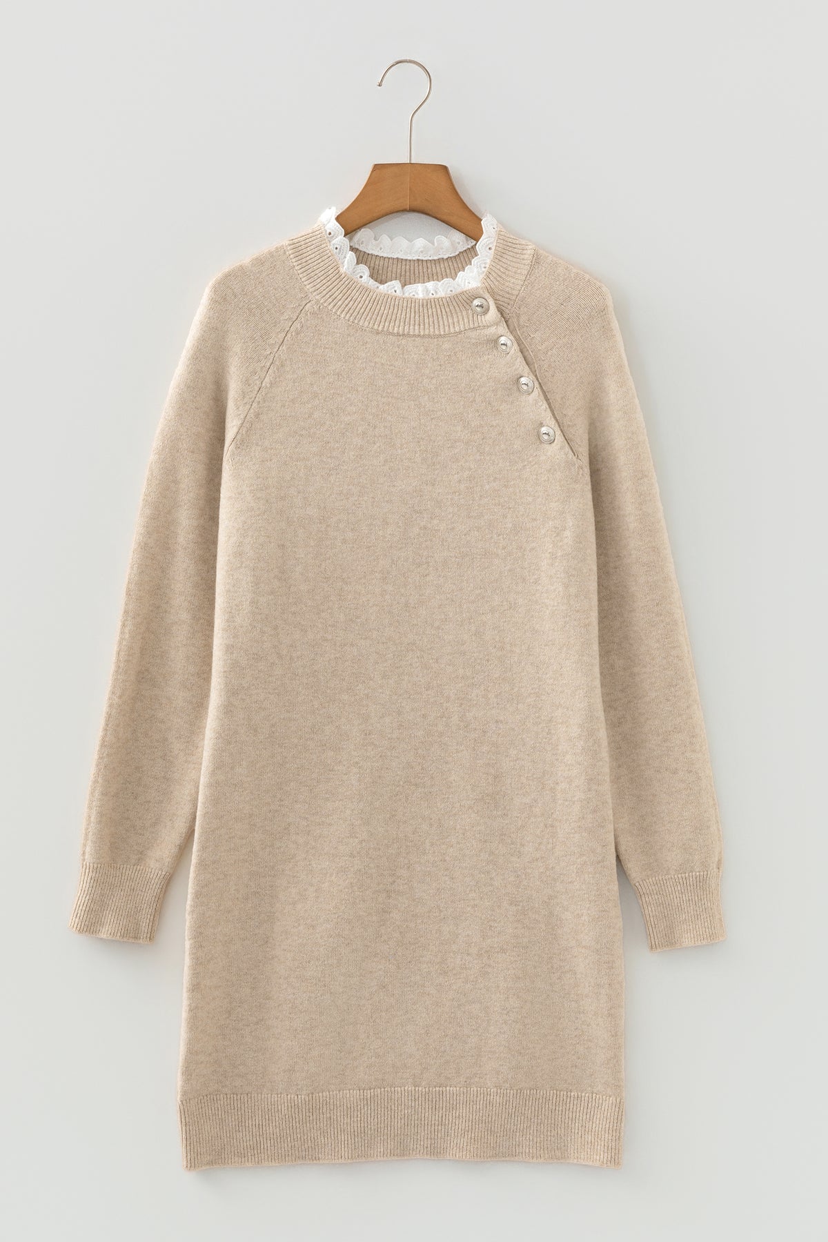 KaleaBoutique Stylish Button Lace Detail Raglan Sleeve Shift Mini Sweater Dress - KaleaBoutique.com