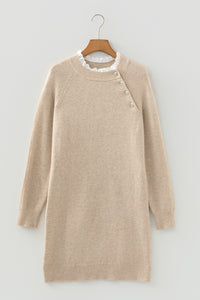 KaleaBoutique Stylish Button Lace Detail Raglan Sleeve Shift Mini Sweater Dress - KaleaBoutique.com