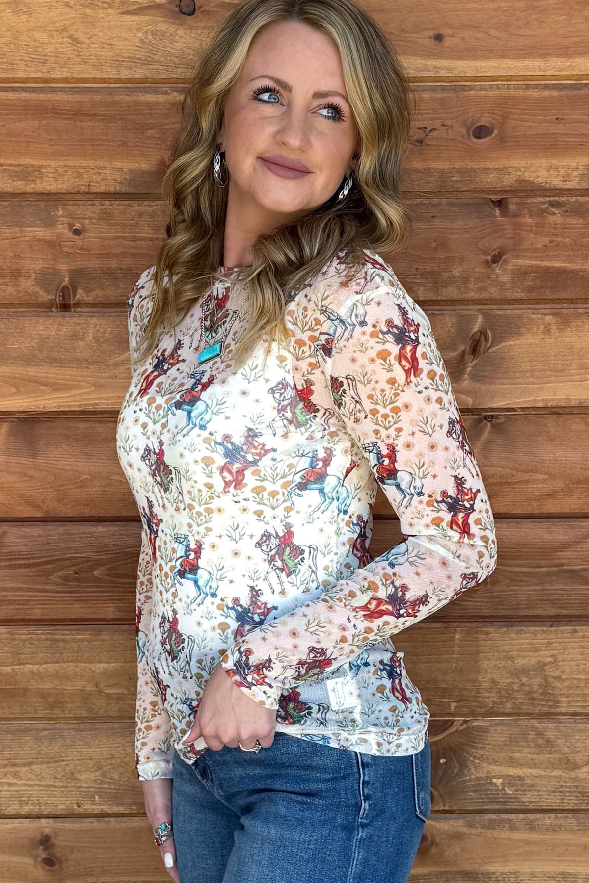 KaleaBoutique Stylish Western Cowboy Floral Print Sheer Mesh Long Sleeve Top - KaleaBoutique.com