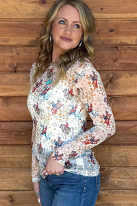 KaleaBoutique Stylish Western Cowboy Floral Print Sheer Mesh Long Sleeve Top - KaleaBoutique.com