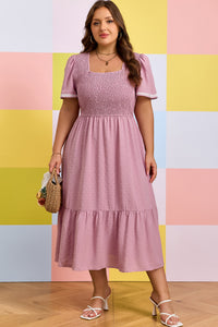 Pink Plus Size Swiss Dot Smocked Midi Dress - KaleaBoutique.com
