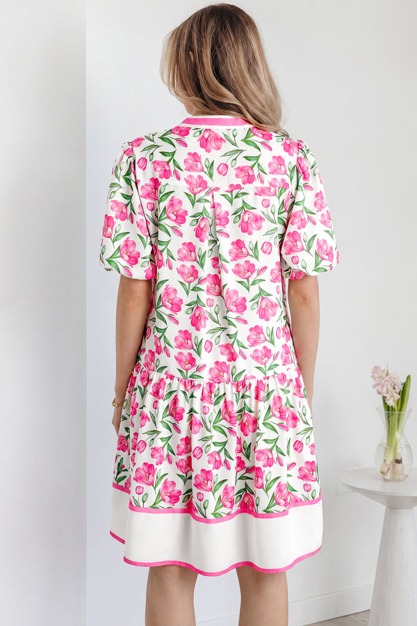 KaleaBoutique Stylish Sweet Floral Print Striped Color Block Trim Short Dress - KaleaBoutique.com