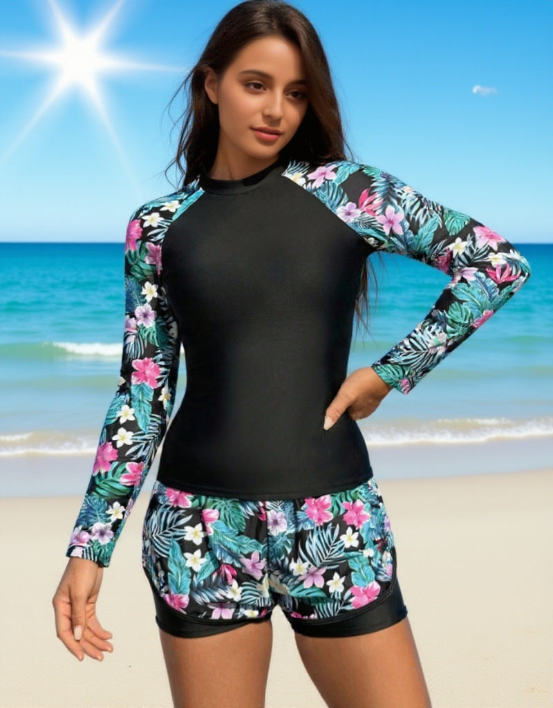 Women's Tropical Floral Long-Sleeve Swim Set with Shorts - KaleaBoutique.com