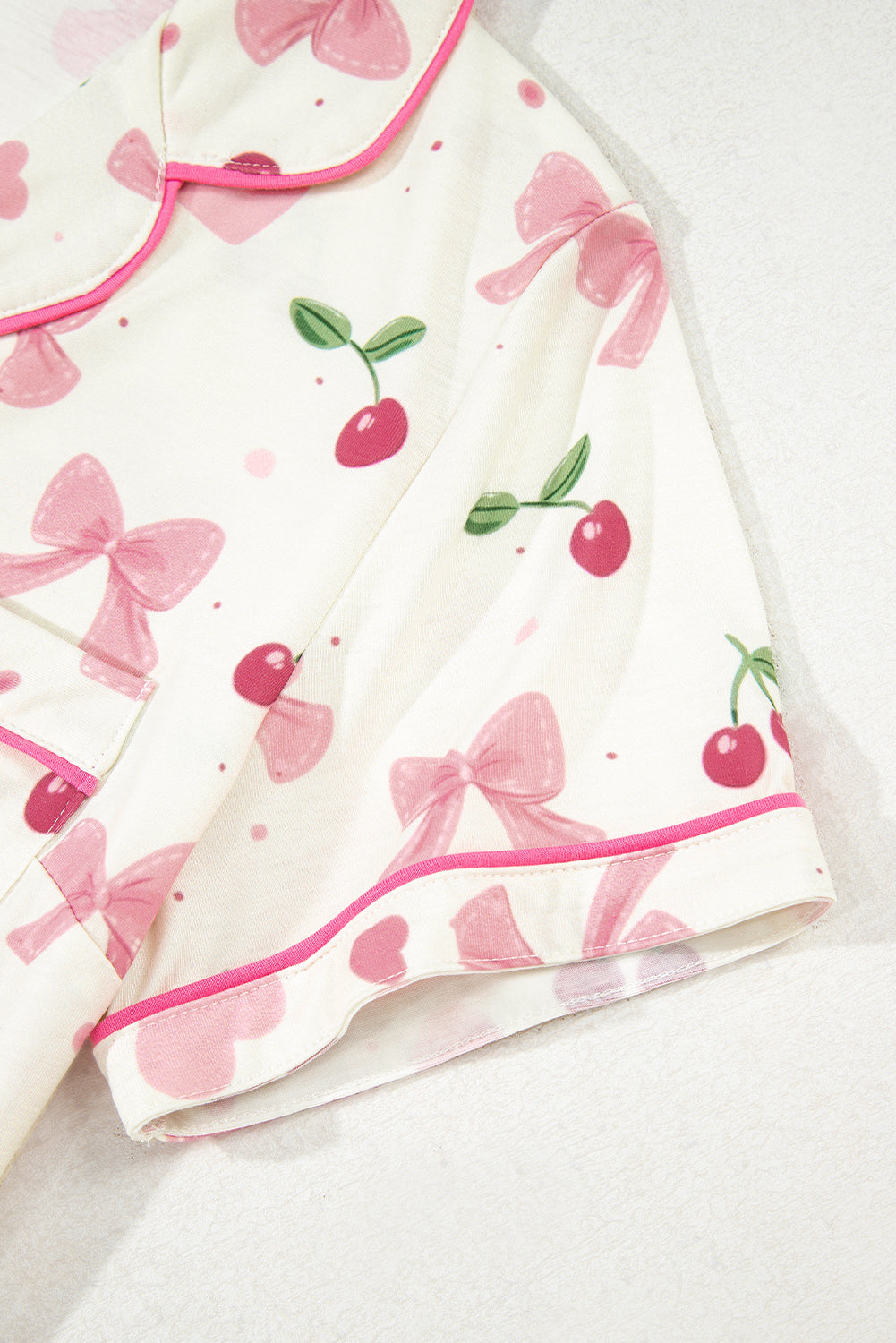 KaleaBoutique Comfortable Bow Fruit Print Contrast Pipping Short Pajamas Set - KaleaBoutique.com