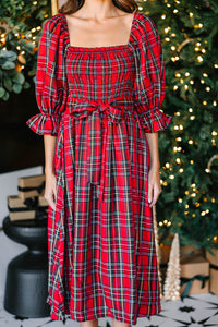 KaleaBoutique Stylish Plaid Square Neck Puff Sleeve Knot Waist Flared Midi Dress - KaleaBoutique.com