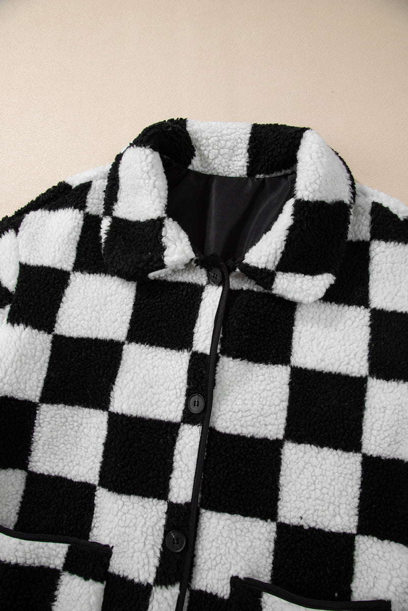 KaleaBoutique Checkered Side Pockets Collared Buttoned Fleece Jacket - KaleaBoutique.com